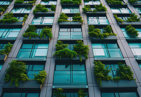 Eco-friendly living: the facade of a modern urban apartment building is decorated with lush green plants and treesの素材