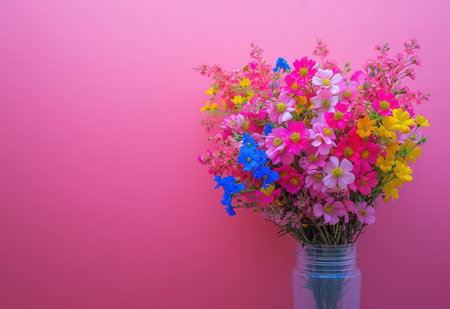 Elegant bouquet of fresh spring flowers in a modern vase on a gradient pastel backgroundの素材