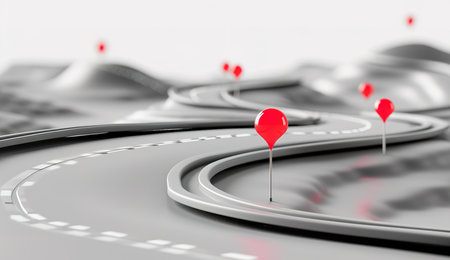 Journey navigation: conceptual image of a winding road marked with red dots symbolizing progress and directionの素材