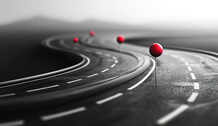 Journey navigation: conceptual image of a winding road marked with red dots symbolizing progress and directionの素材