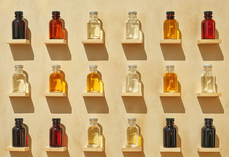 Elegant collection of amber, clear and dark glass bottles, ideal for cosmetics, perfumes - top viewの素材