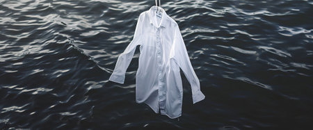 a white shirt floats gracefully on the calm surface of clear blue water, illuminated by soft light.の素材