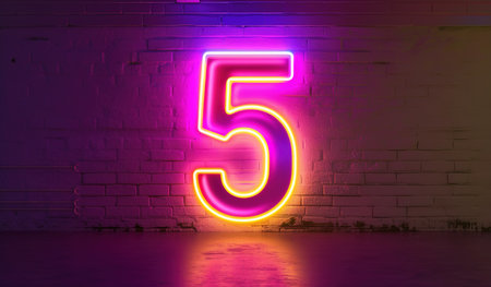 A vibrant neon number 5 illuminated with vibrant colors against a dark background, perfect for events, anniversaries and important occasions.の素材