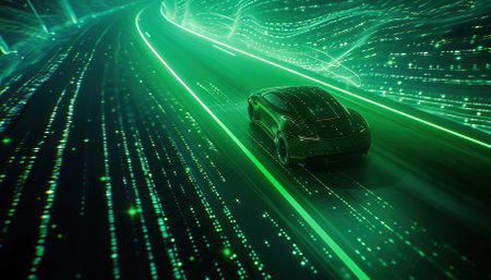 Futuristic electric car gliding along a digital highway illuminated with green neon lights, concept of modern and eco-friendly transportationの素材
