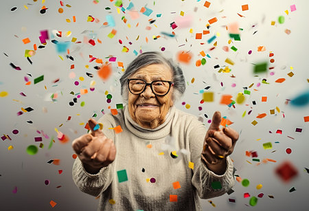 Joyful celebration - elderly man surrounded by colorful balloons and confetti representing happiness and festive momentsの素材