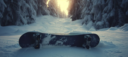 Winter wonderland: a serene landscape with snow-covered trees and colorful snowboards sticking out of the fresh snowの素材