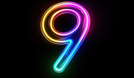 Bright neon number nine illuminated in different colors on a dark background, ideal for events, anniversaries and celebrations.の素材