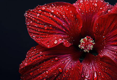 The flower's bright red petals, adorned with crystal clear water droplets, reflect the beauty of nature in full bloom.の素材