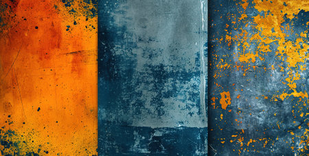 Vibrant abstract art: a textured combination of blue, orange and gray panels for background or wall decorの素材