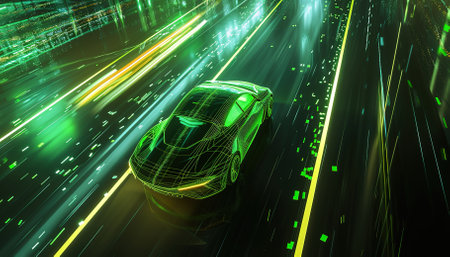 Futuristic electric car gliding along a digital highway illuminated with green neon lights, concept of modern and eco-friendly transportationの素材