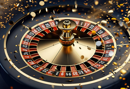 An elegant casino roulette wheel in motion, surrounded by golden confetti, conveying the excitement of gamblingの素材