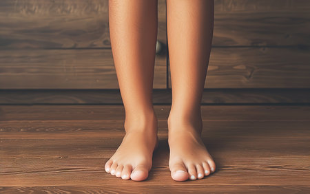 Close-up of children's bare feet - concept of relaxation and comfort at homeの素材