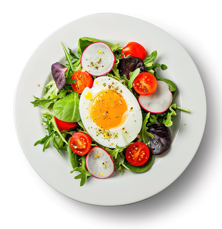 Fresh and nutritious breakfast salad with sunny side up egg, cherry tomatoes, mixed greens on a white plateの素材