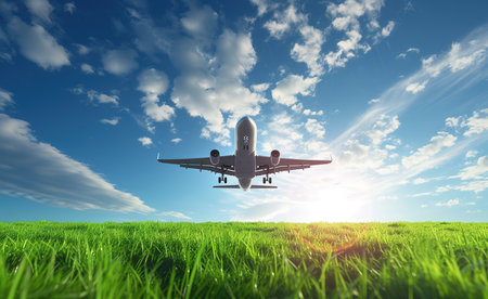 Eco-friendly travel concept: green foliage forms airplanes and cityscape, illustrating nature conservation and sustainable aviationの素材
