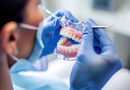Detailed demonstration by a professional of the structures and arrangement of human teeth using a dental modelの素材