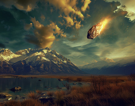 Majestic sunset over snow-capped mountains with a shooting star illuminating the bright skyの素材