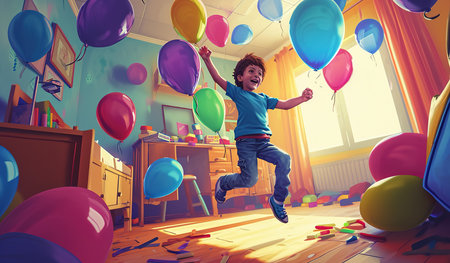Children's miracle: a child observes nature among colorful balloons in a sun-filled roomの素材