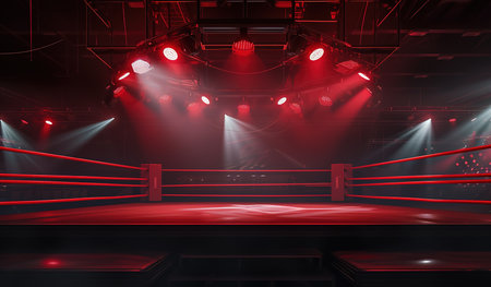 Illuminated professional boxing ring surrounded by bright lights, ready to fight - stage for championsの素材