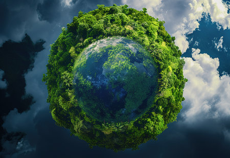 Embrace of Nature: Conceptual image of the Earth shrouded in lush greenery among the cloudsの素材