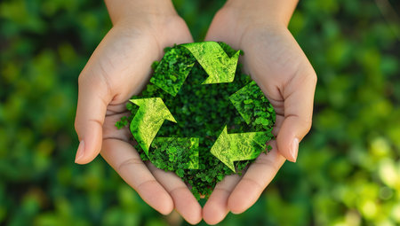 Embracing sustainability: hands holding a green leafy recycling symbol symbolizing green practices and environmental responsibilityの素材