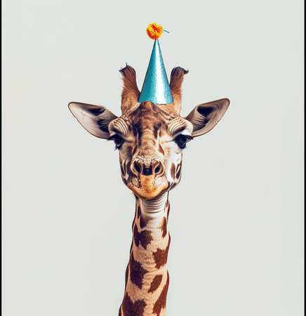 Celebration time! A whimsical giraffe wearing a party hat, ready to join in the fun - perfect for a birthday greeting or party invitationの素材