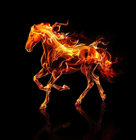 Mystical Fire Horse: Stunning digital image of a horse engulfed in flames, lighting up a dark environment with its intense glowの素材