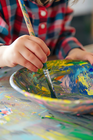 Bright paint palettes: close-up of colorful paints in bowls on a splattered surfaceの素材