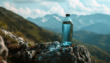 Crystal clear water: a bottle of pure water among the majestic snow-capped mountainsの素材