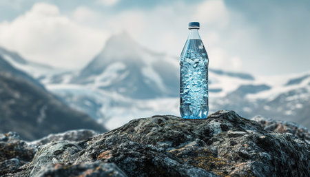 Crystal clear water: a bottle of pure water among the majestic snow-capped mountainsの素材