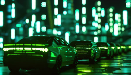 Futuristic electric car gliding along a digital highway illuminated with green neon lights, concept of modern and eco-friendly transportationの素材