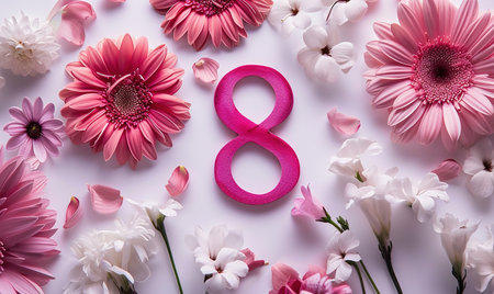 Women's Day: beautiful composition of fresh flowers around the number 8の素材