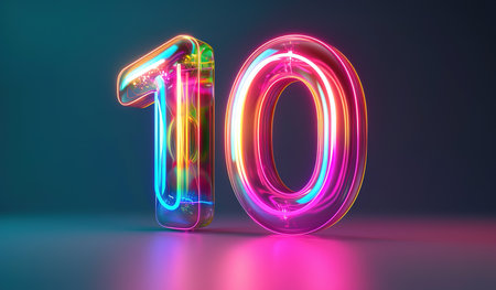 Bright neon lights forming the number 10, illuminating the dark surroundings with a colorful glowの素材