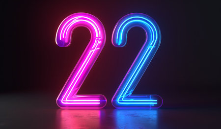 Vibrant Neon Lights Forming the Number 22, Illuminating the Dark Background with a Futuristic Glowの素材