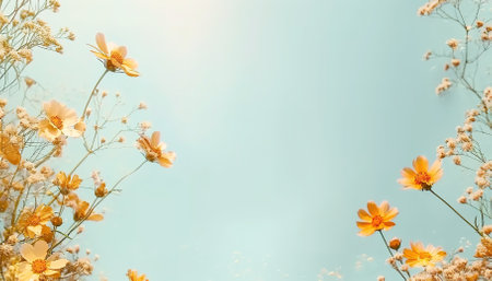 Elegant arrangement of flowers among delicate branches on a soft blue backgroundの素材