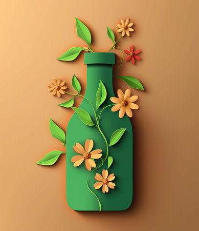 Artistic rendering of a bottle decorated with vibrant blooming flowers and lush greenery illustrating the beauty of natureの素材