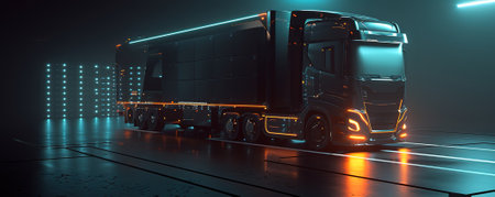 Futuristic autonomous truck in a modern illuminated warehouse - advanced logistics and transportation technology conceptの素材