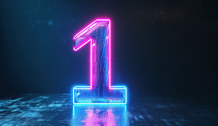 Illuminated number one neon sign on a bright brick wall background indicating first place or priorityの素材