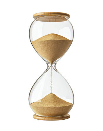 An elegant hourglass with flowing sand illuminated with golden light, symbolizing the passage of timeの素材