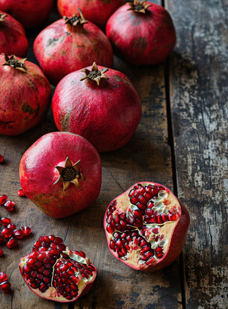 A vibrant display of fresh pomegranates, whole and halved, with juicy red seeds on a rustic wooden surfaceの素材