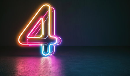 A bright neon number 4 illuminating a dark room, perfect for representing countdowns or number concepts.の素材
