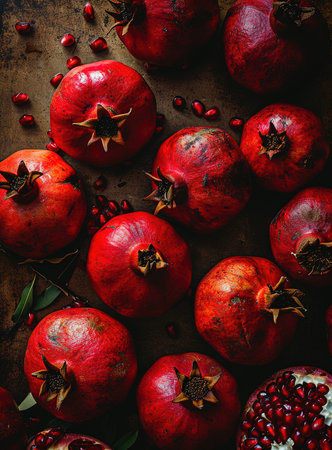 A vibrant display of fresh pomegranates, whole and halved, with juicy red seeds on a rustic wooden surfaceの素材
