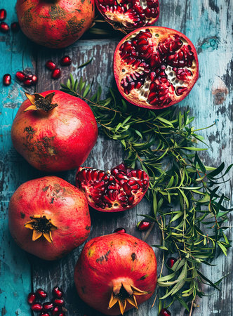A vibrant display of fresh pomegranates, whole and halved, with juicy red seeds on a rustic wooden surfaceの素材