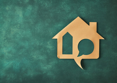 Innovative real estate communication concept - speech bubble in the shape of a golden house on a textured green backgroundの素材