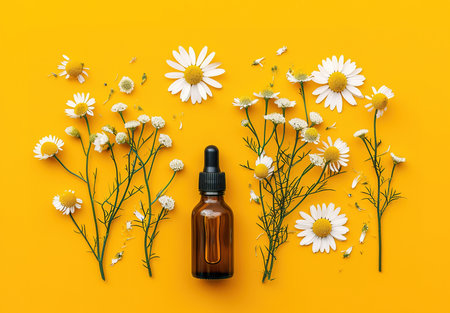 Fresh spring flowers and essential oil: a vibrant display of natural beauty and health on a yellow backgroundの素材