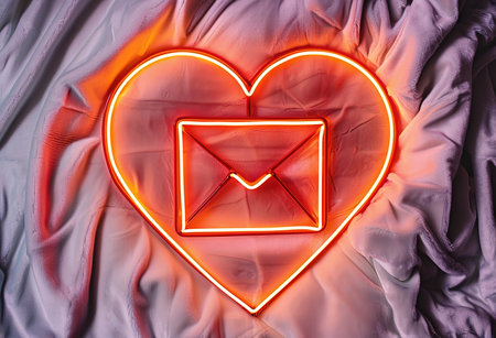 Glowing neon heart and envelope on textured background - concept of love messages, communication for Valentine's Dayの素材