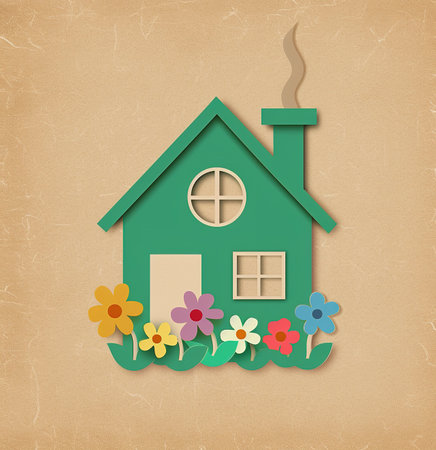 A charming paper craft featuring a cozy green home surrounded by bright blooming flowers, perfect for home and family theming.の素材