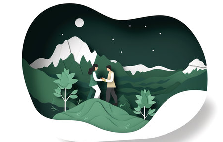 Under the Moonlight: A Serene Illustration of Two People Meeting Among a Beautiful Green Mountain Landscapeの素材