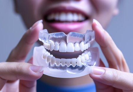 Detailed demonstration by a professional of the structures and arrangement of human teeth using a dental modelの素材