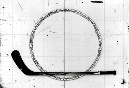 Vintage hockey stick and puck on a grungy white background, ideal for retro sports themes and designsの素材