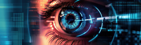 Futuristic vision - close-up of human eye with augmented reality digital graphics, representing advanced technology and artificial intelligenceの素材